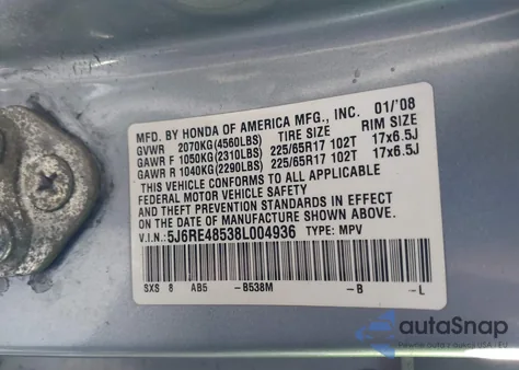 2008 Honda Cr-V Ex from USA, damaged, VIN 5J6RE48538L004936